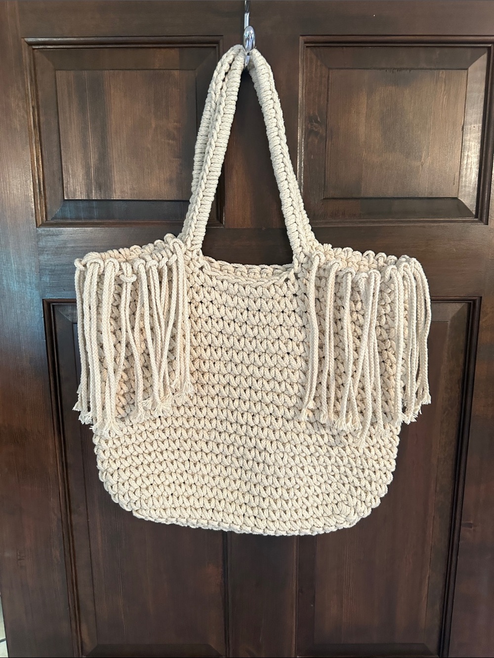Cream Crochet Fringe Tote Bag